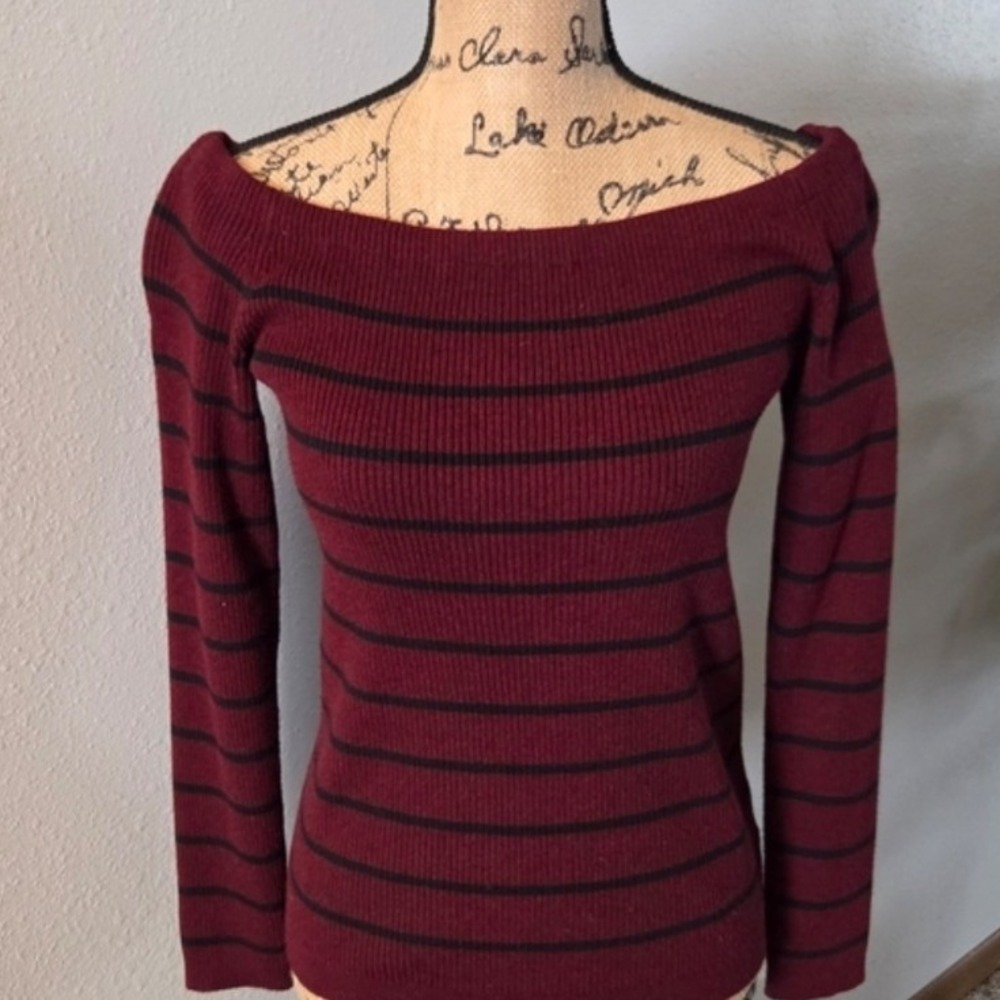American Eagle Outfitters Striped Off-Shoulder Ribbed Knit Sweater Burgundy S